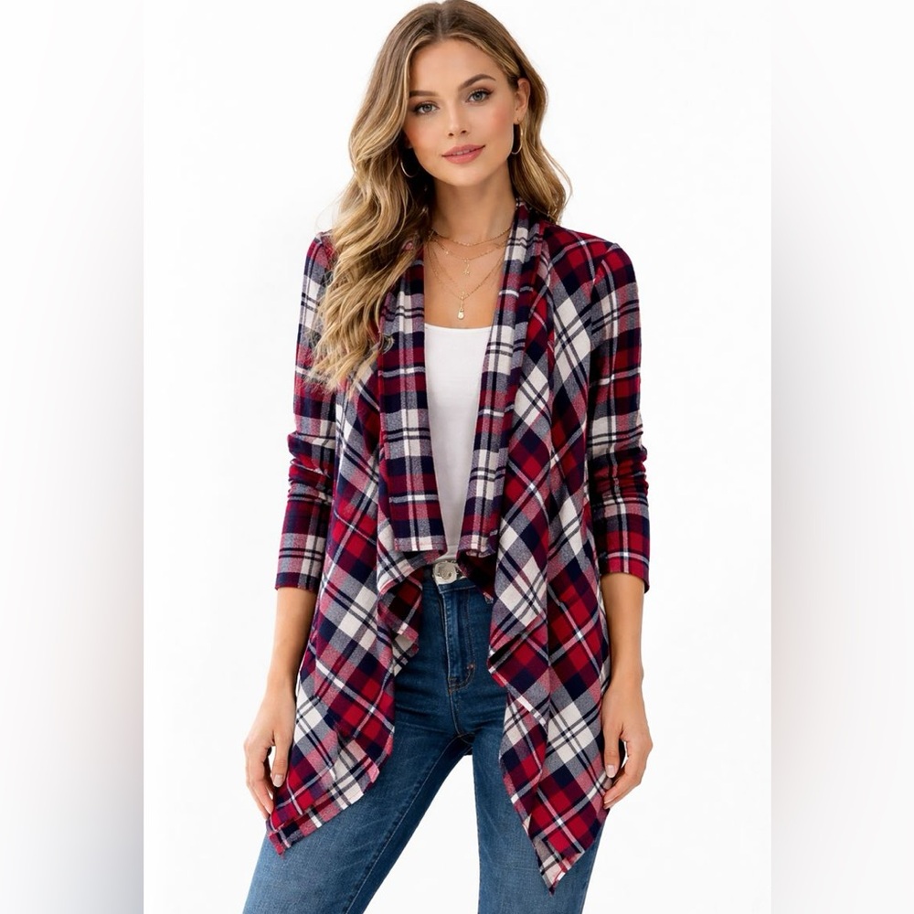 UK2LA Cotton Waterfall Plaid Cardigan in Red, Black & White